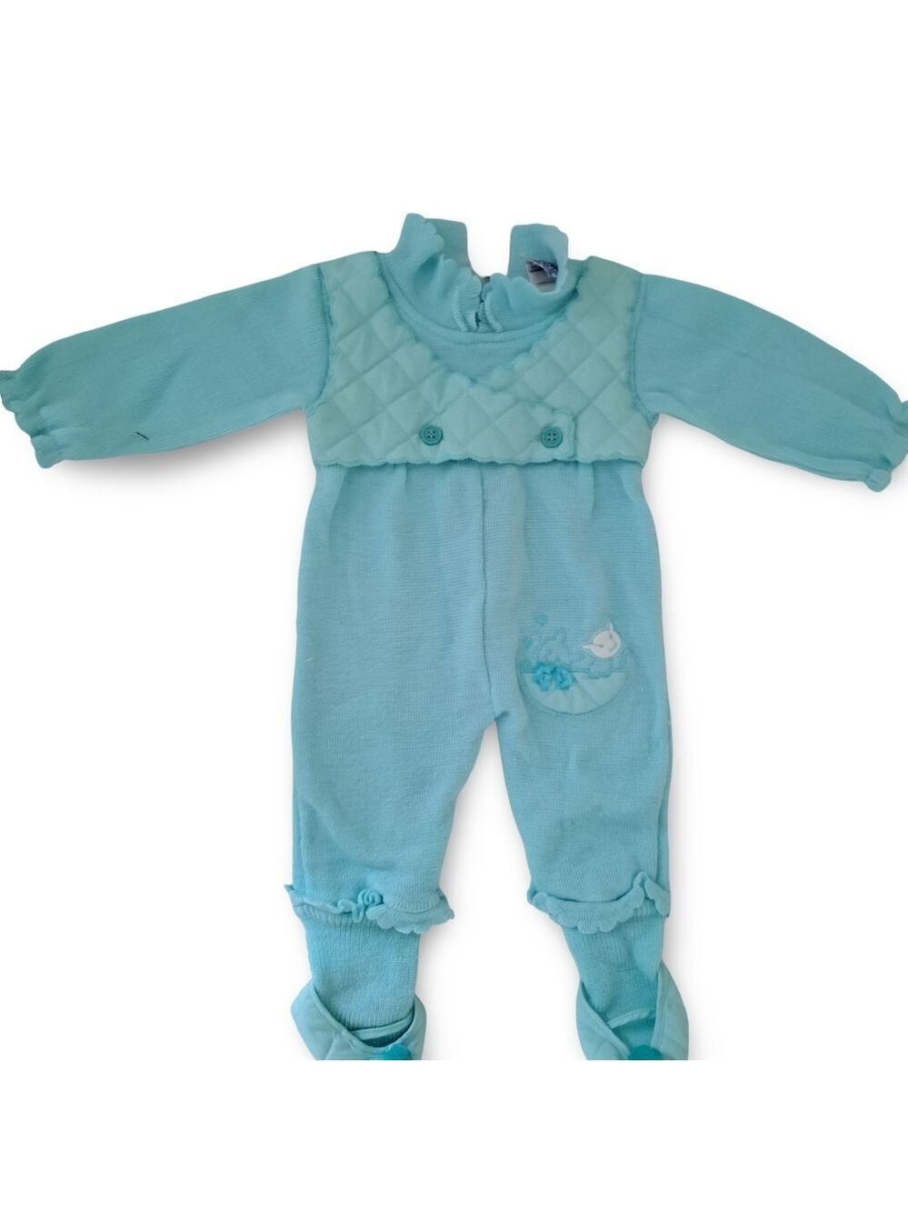 Vintage 80s Baby Blue Pajama Set – Quilted Chest, Elastic Cuffs & Non-Slip Foote